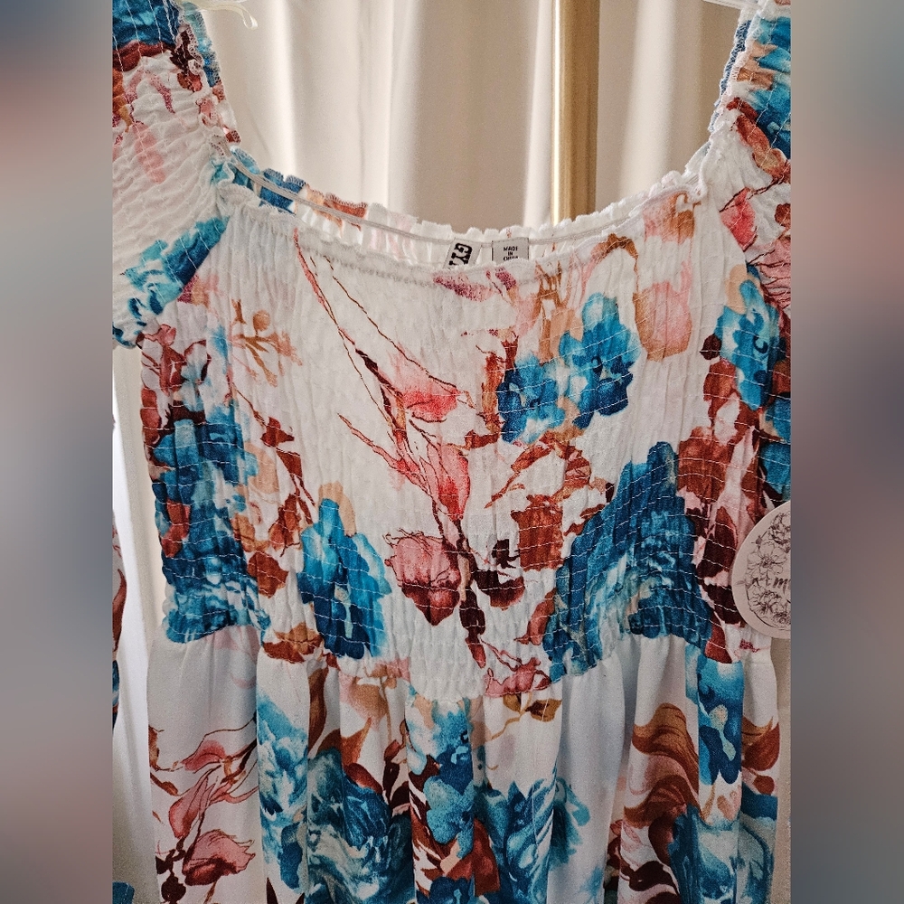 Gypsies & Moondust Turquoise Floral Smocked Mini Dress NWT | Size S - Picture 3 of 4